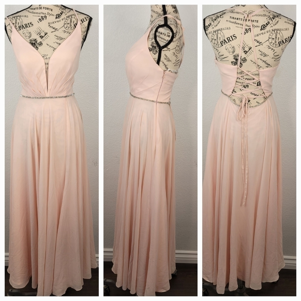 Lulus Sz 2 Maxi Dress Blush V-Neck Under Bust Embellished Corset Back Gown Slit - Picture 11 of 11
